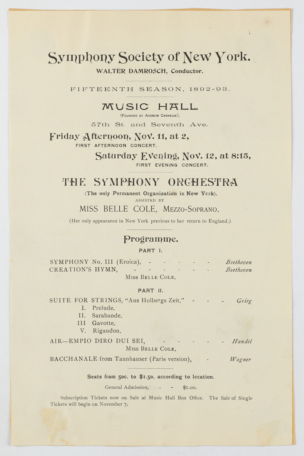 New York Symphony Orchestra, November 1892