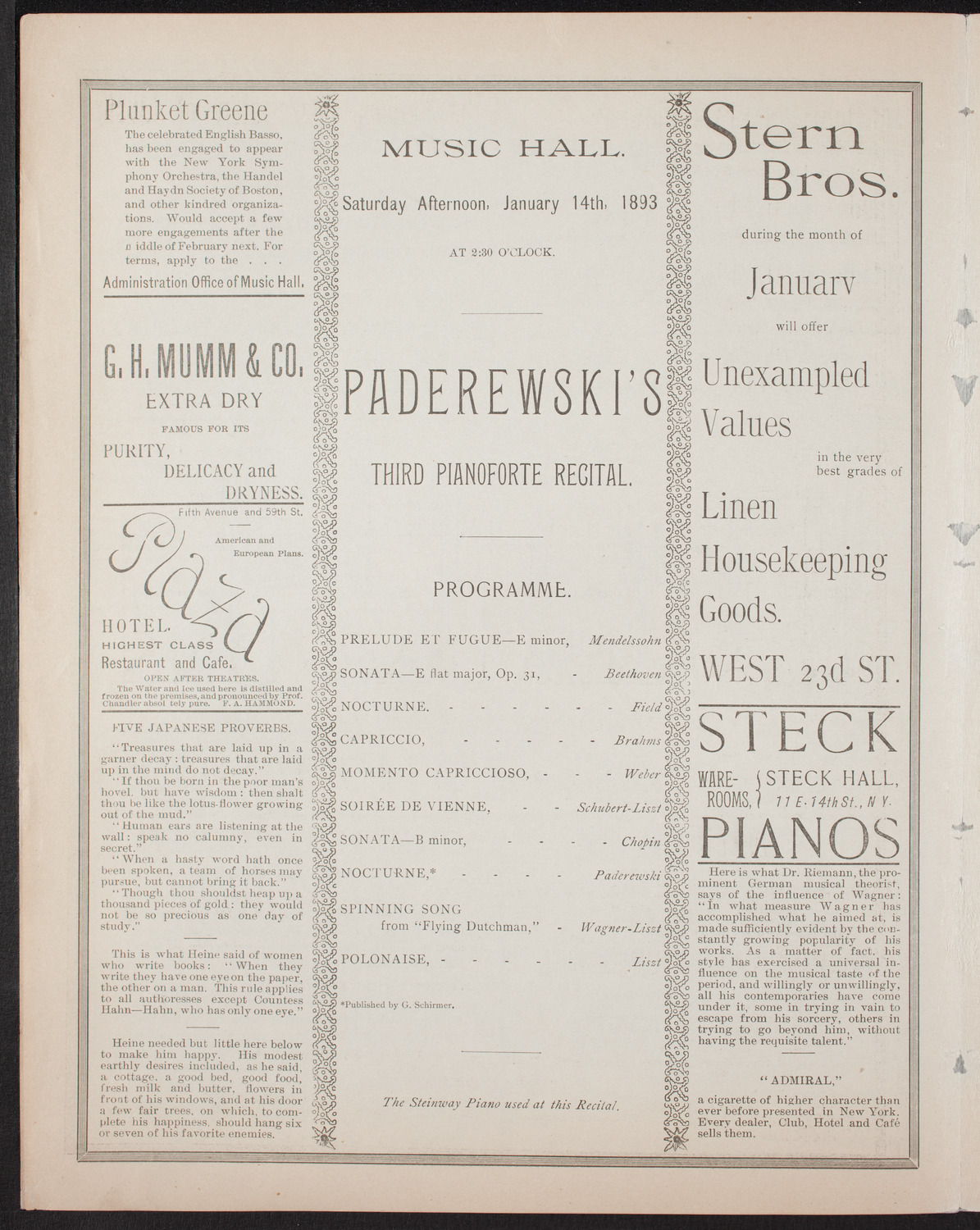 Ignacy Jan Paderewski, Piano, January 14, 1893, program page 4
