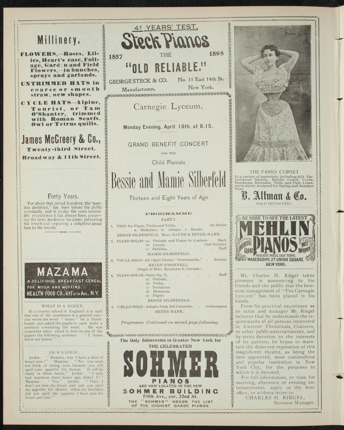 Benefit: Bessie and Mamie Silberfeld, April 18, 1898, program page 4