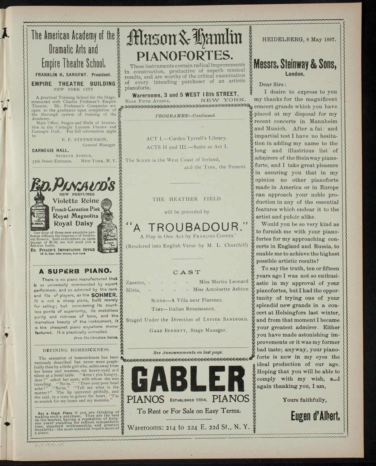 George Peabody Eustis: A Course of Modern Plays, April 19, 1900, program page 3