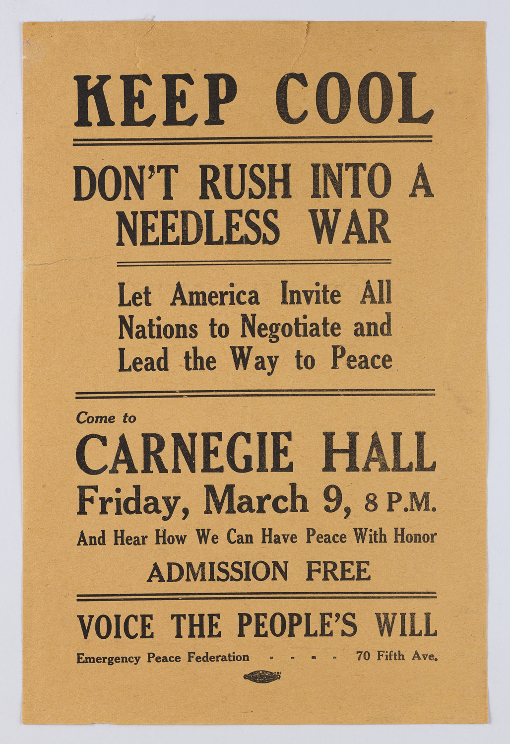 Meeting: Emergency Peace Federation (Rally Against U.S. Participation in World War I), March 9, 1917