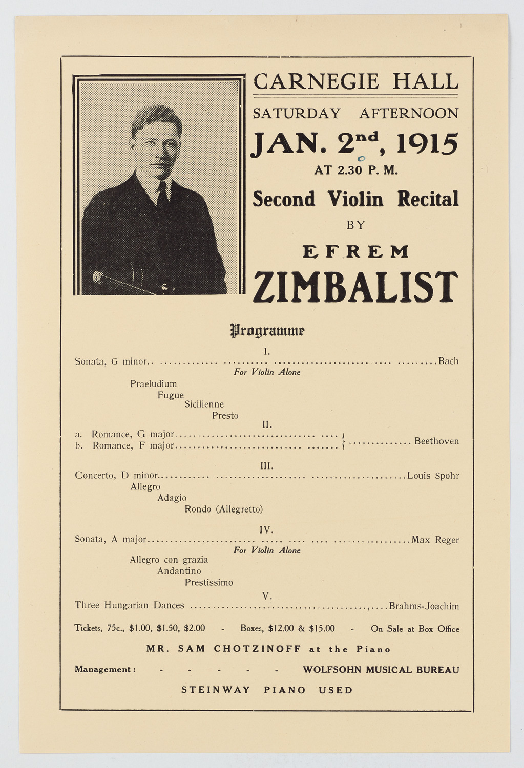 Efrem Zimbalist, January 2, 1915