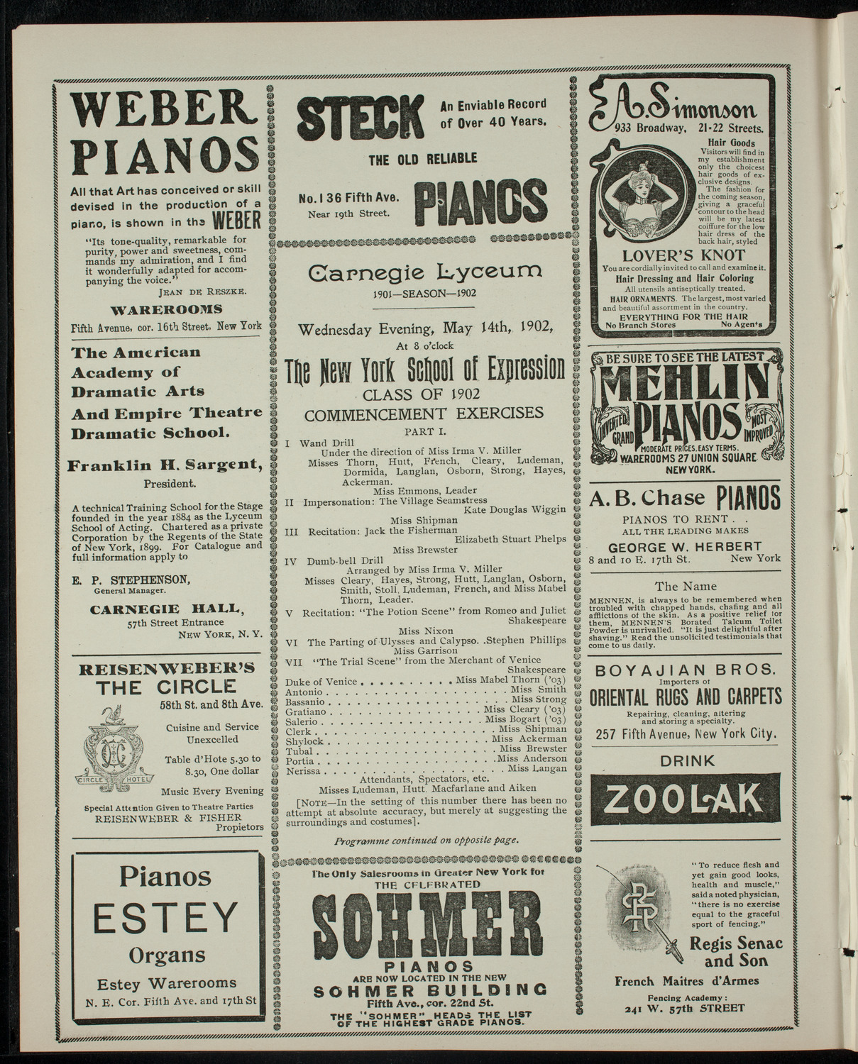 New York School of Expression Class of 1902 Commencement Exercises, May 14, 1902, program page 2