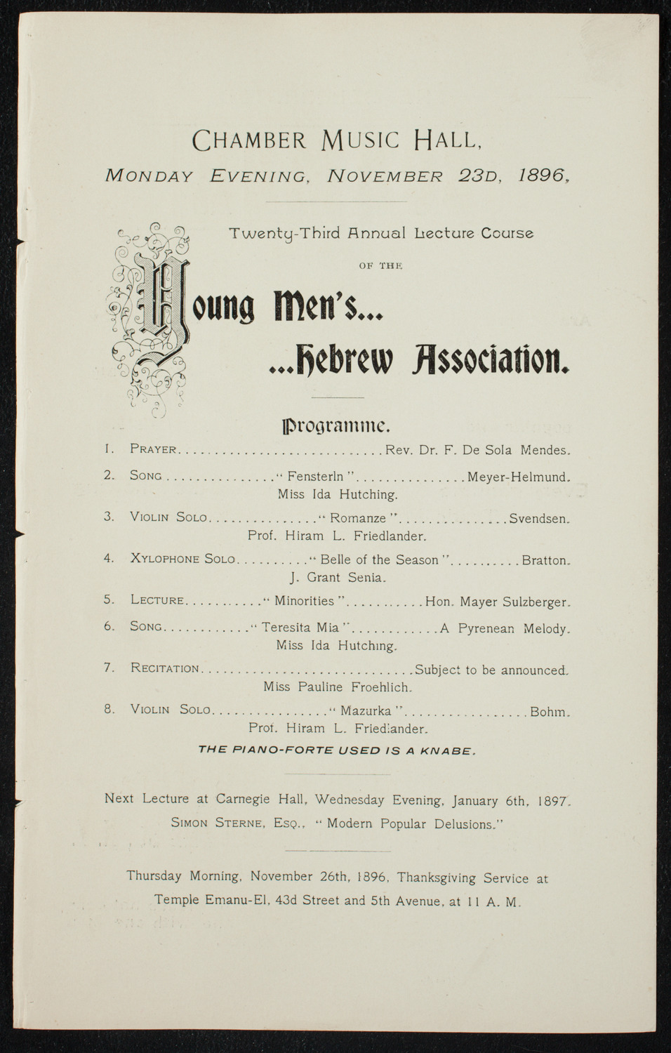 Young Men's Hebrew Association: 23rd Annual Lecture Course, November 23, 1896, program page 1