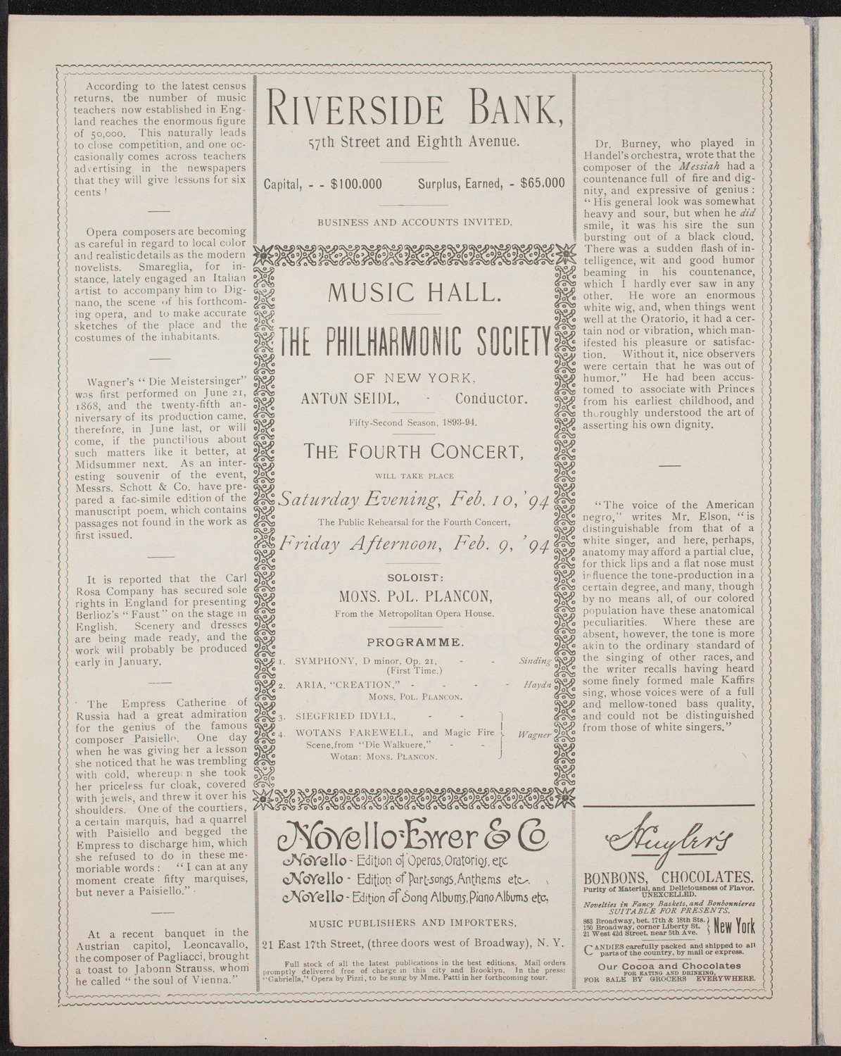 New York Philharmonic, January 13, 1894, program page 6