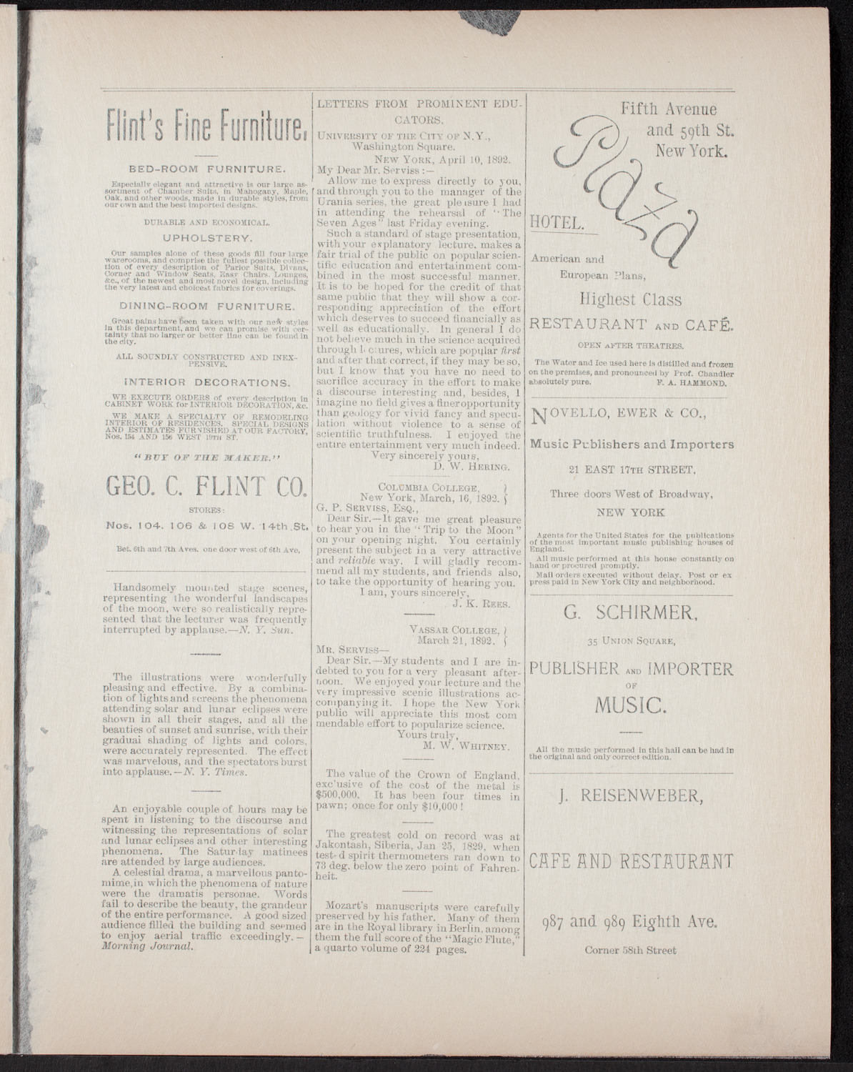 Urania Scientific Theatre, May 9, 1892, program page 7