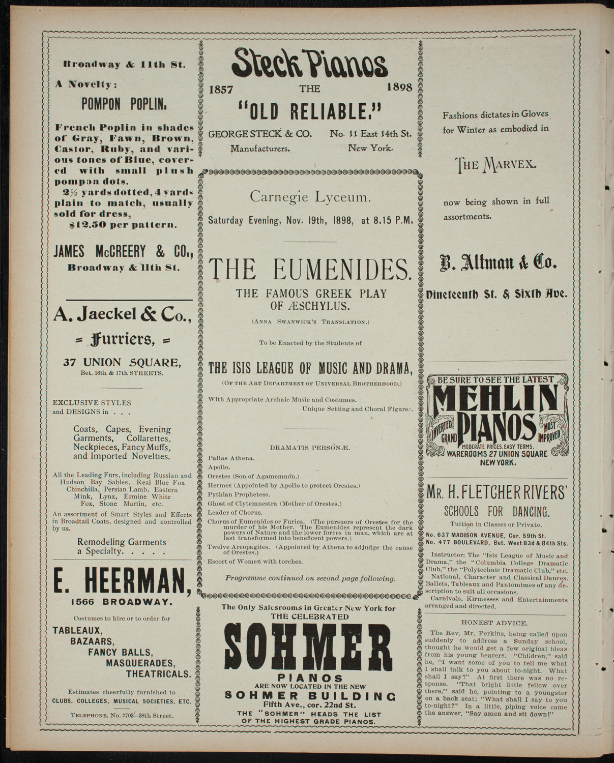 Isis League of Music and Drama Student Production, November 19, 1898, program page 4