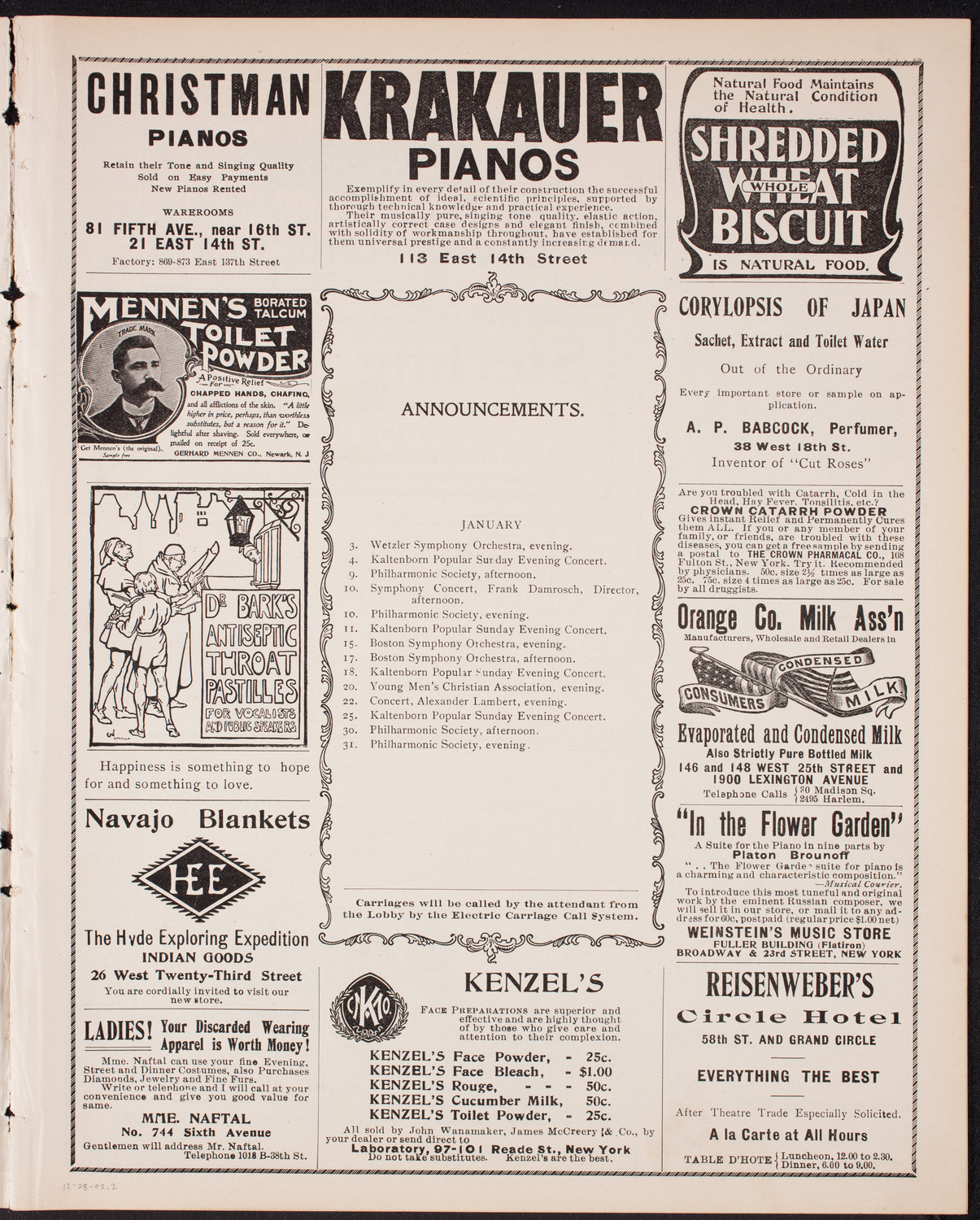 Josephy Horodas, E. Sarda de Bassini, Vera de Bassini, A. de Bassini, and Beatrice Eberhard, December 28, 1902, program page 3