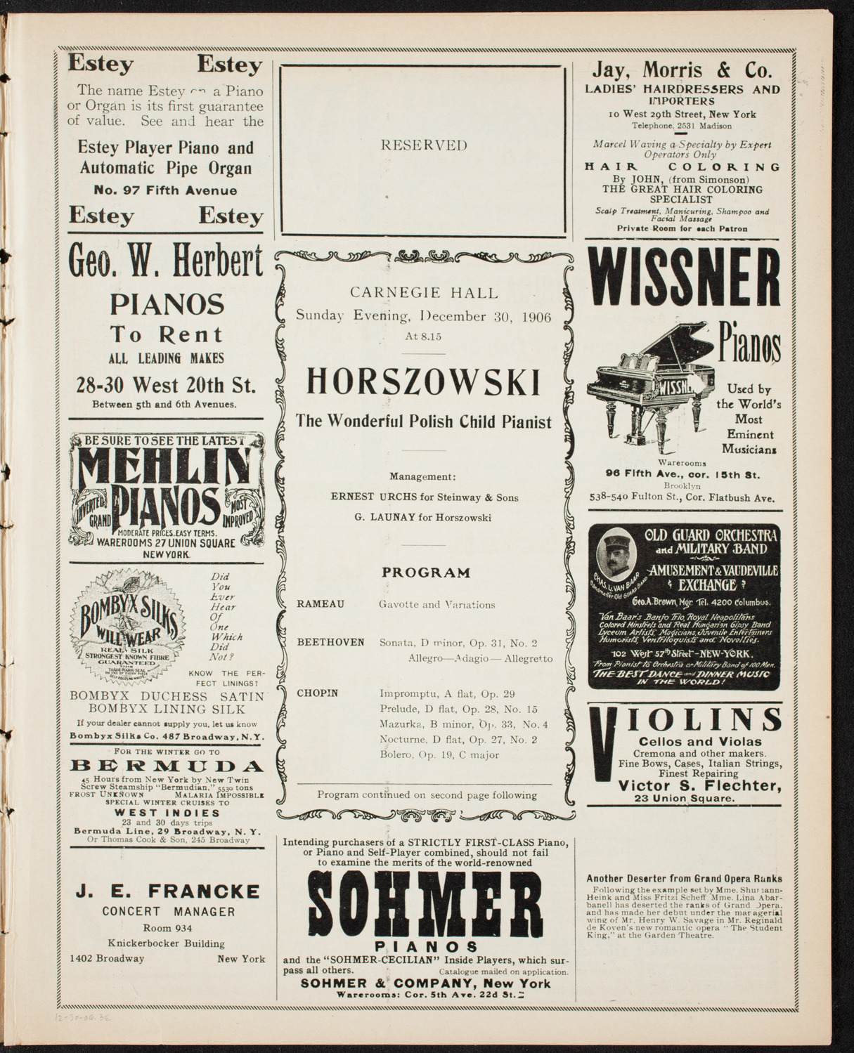 Mieczyslaw Horszowski, Piano, December 30, 1906, program page 5