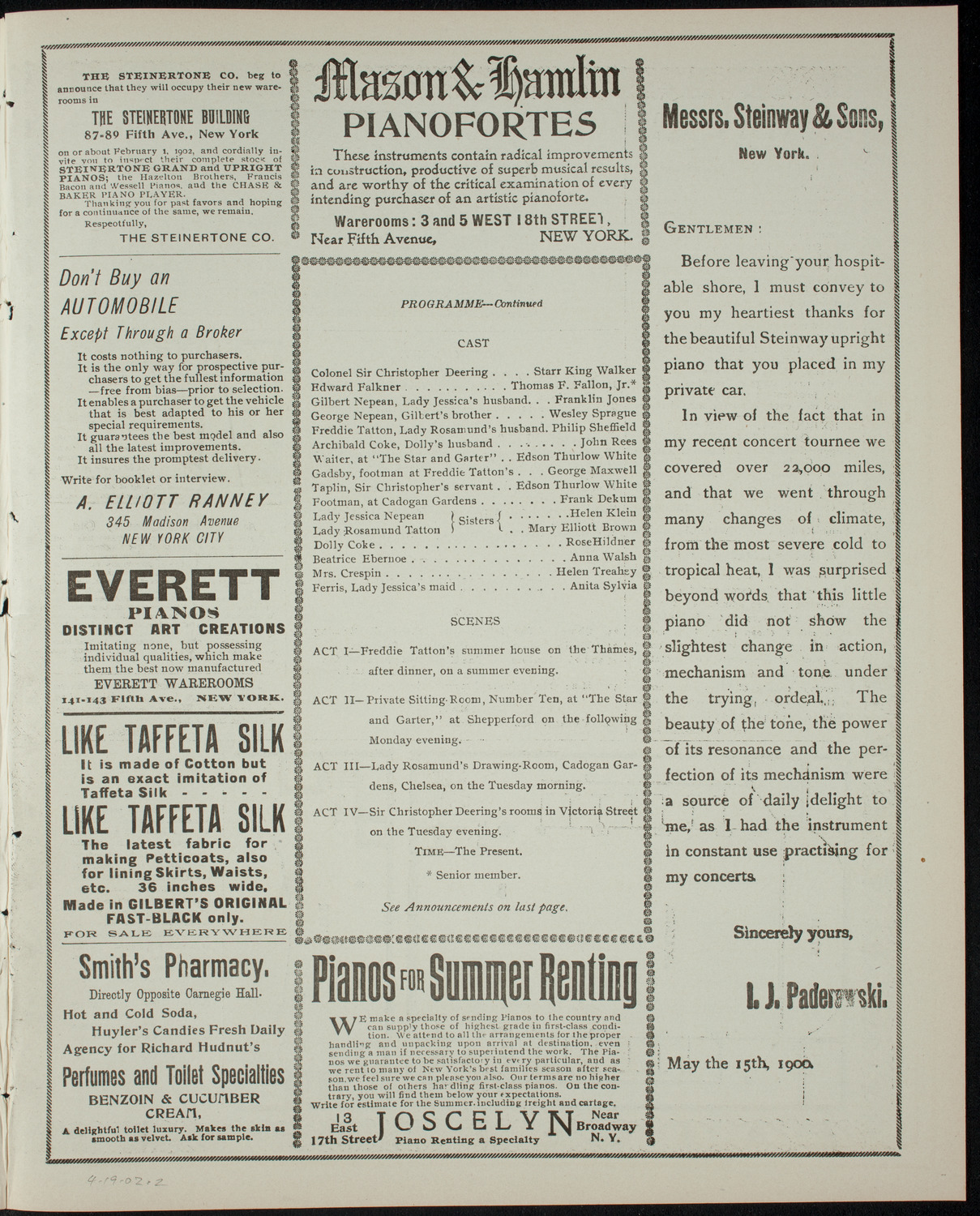 American Academy of the Dramatic Arts Private Dress Rehearsal, April 19, 1902, program page 3