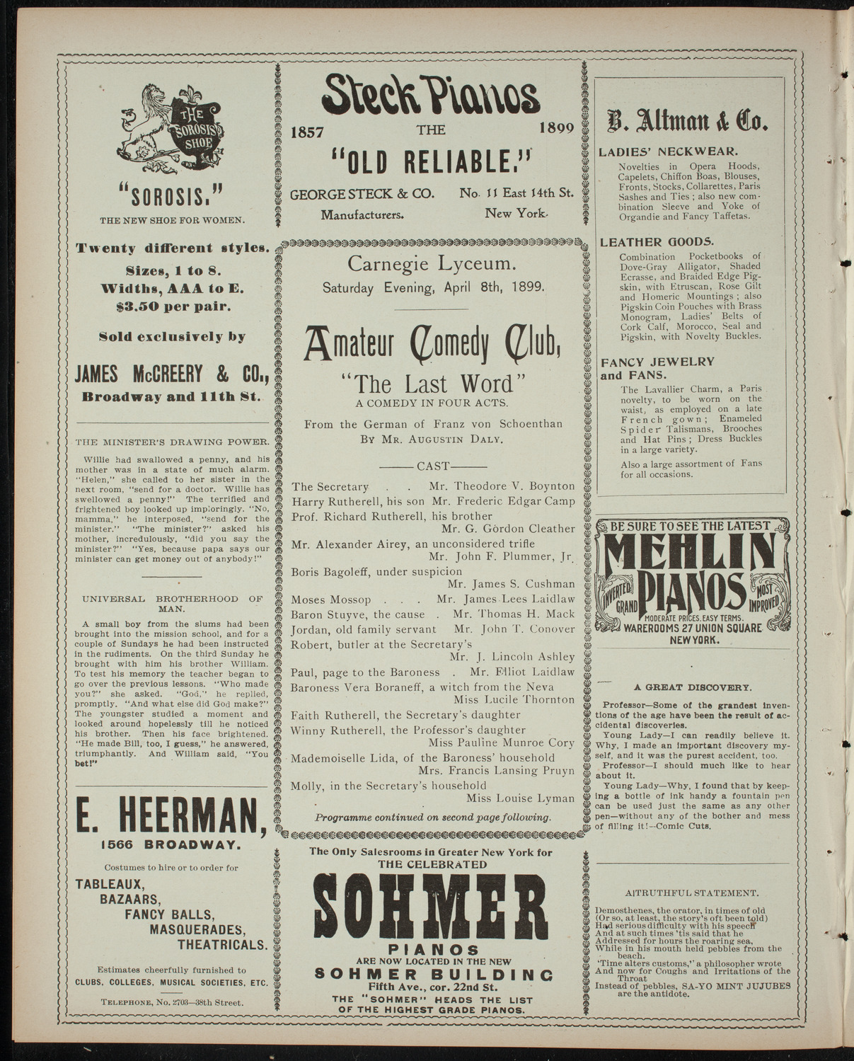 Amateur Comedy Club, April 8, 1899, program page 4