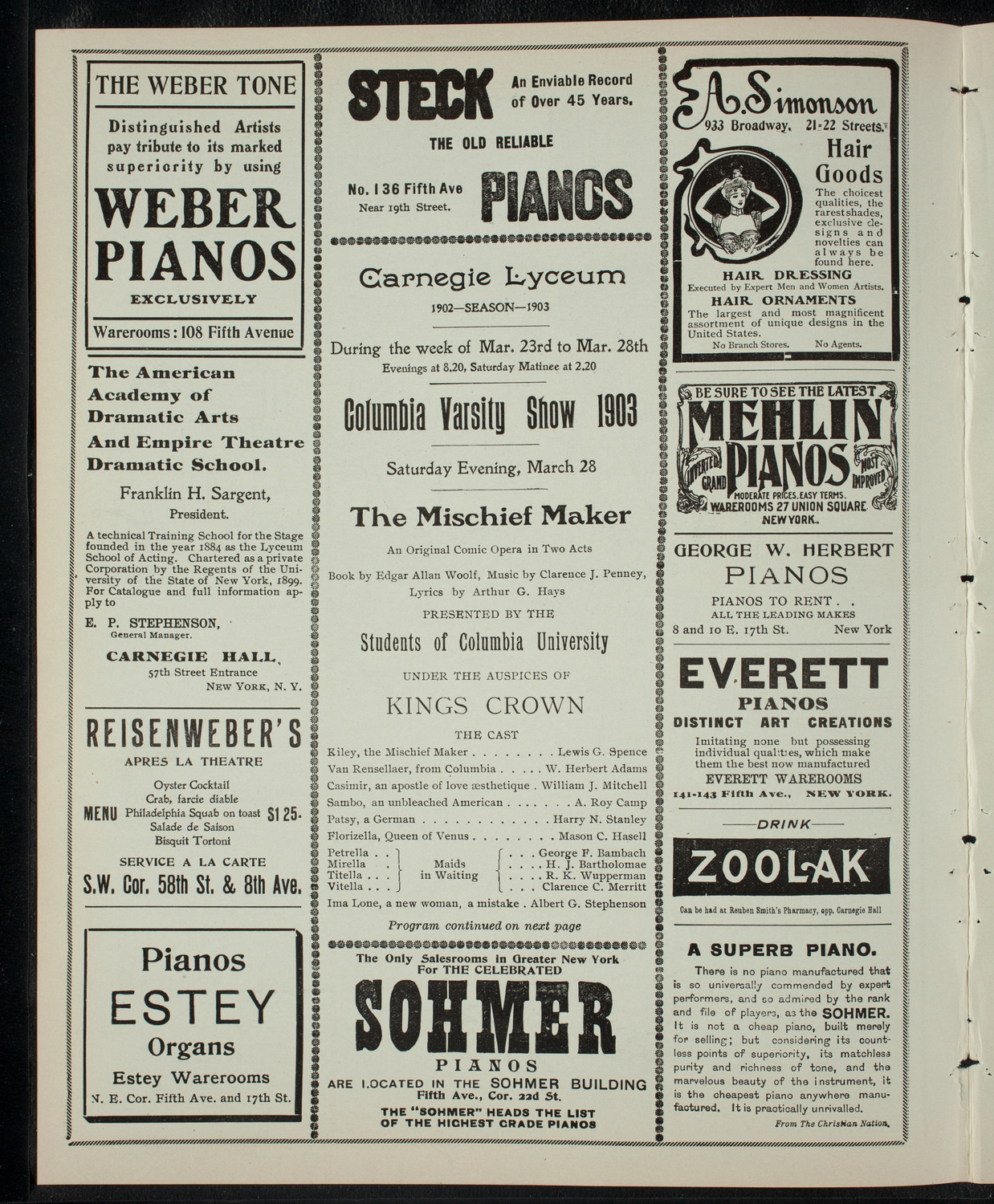 Columbia Varsity Show 1903, March 28, 1903, program page 2