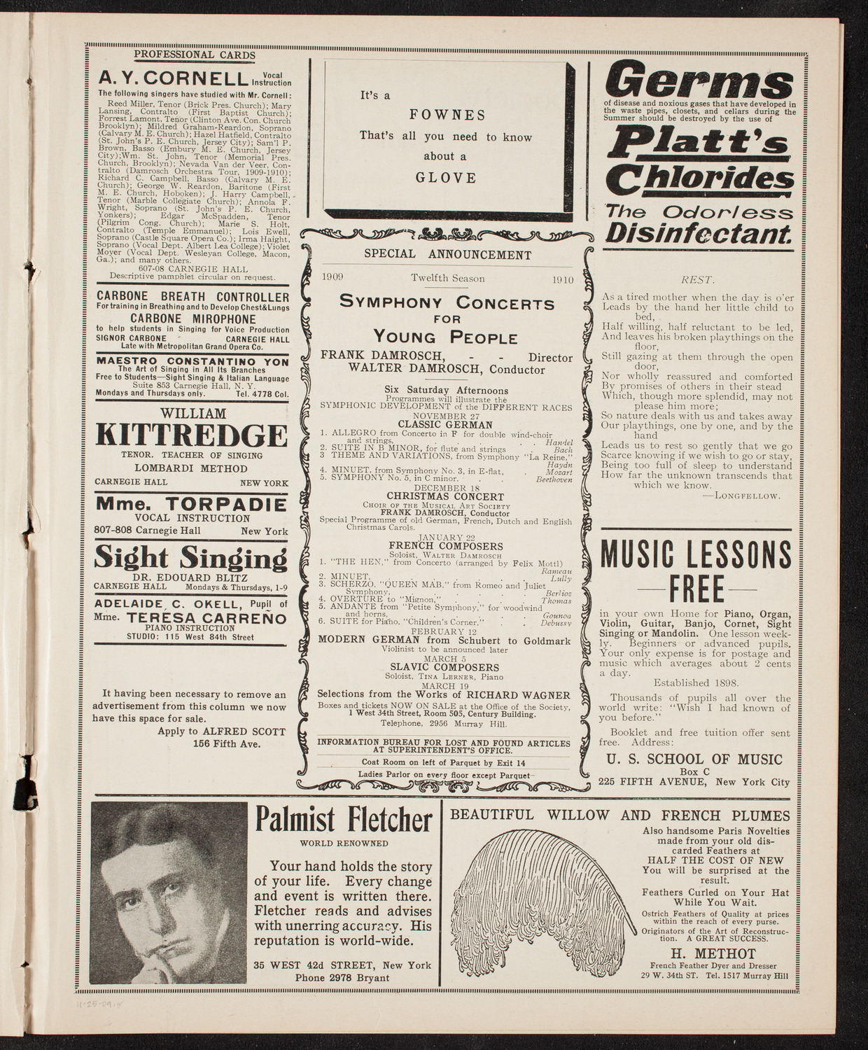 New York Philharmonic, November 25, 1909, program page 9