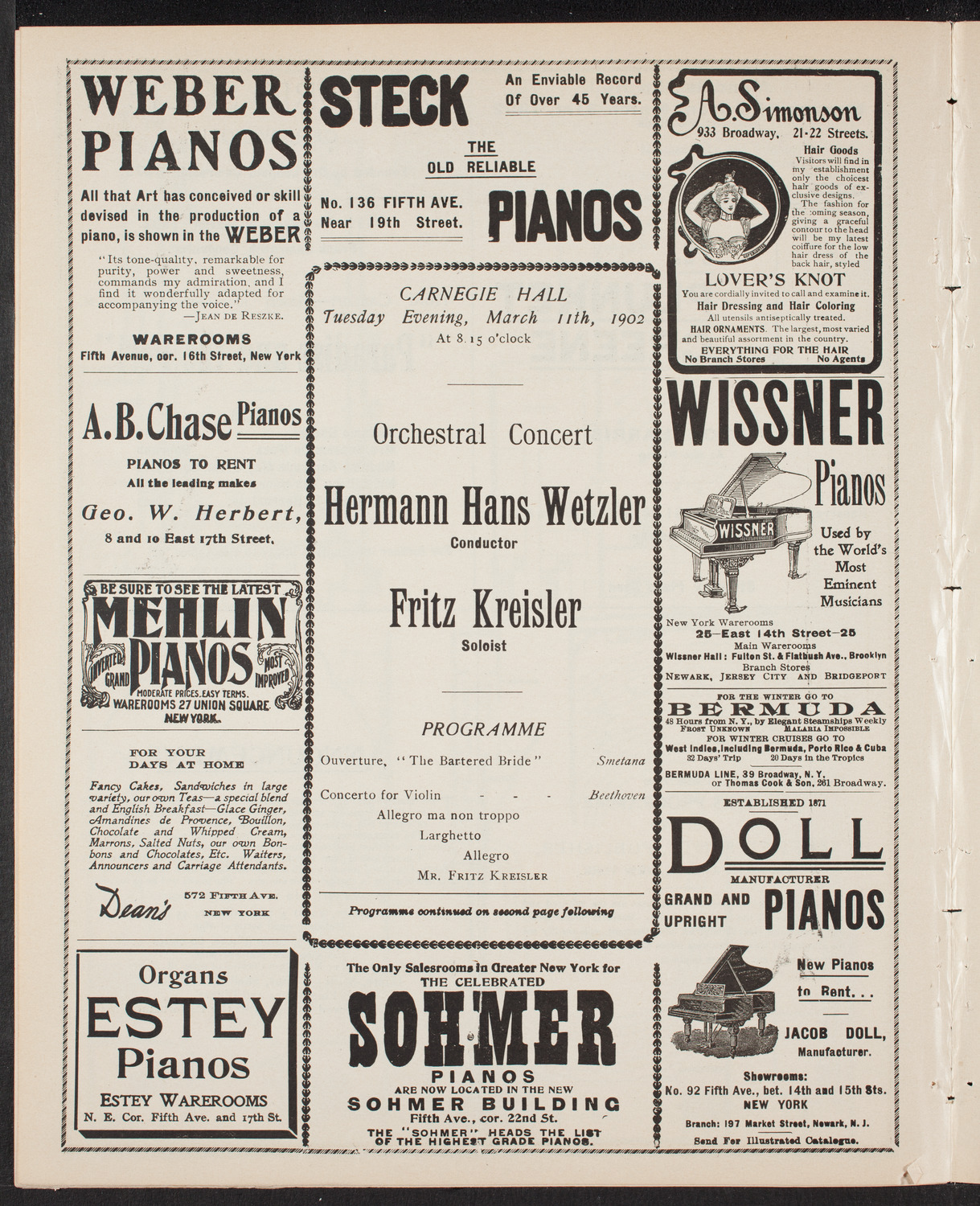 Wetzler Symphony Orchestra with Fritz Kreisler, March 11, 1902, program page 6