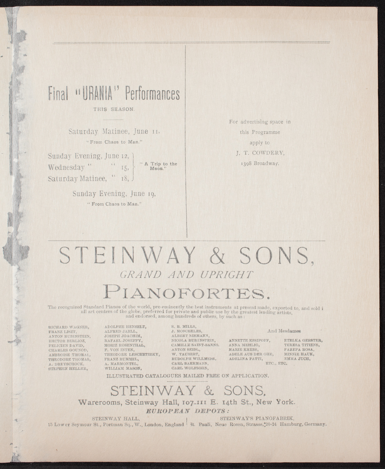 Urania Scientific Theatre, June 9, 1892, program page 3