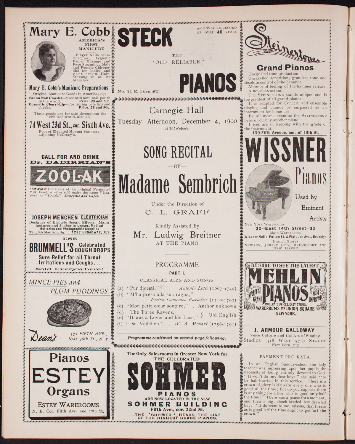 Marcella Sembrich, Soprano, December 4, 1900, program page 4