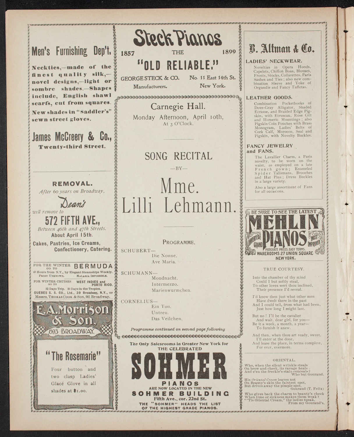 Lilli Lehmann, Soprano, April 10, 1899, program page 4