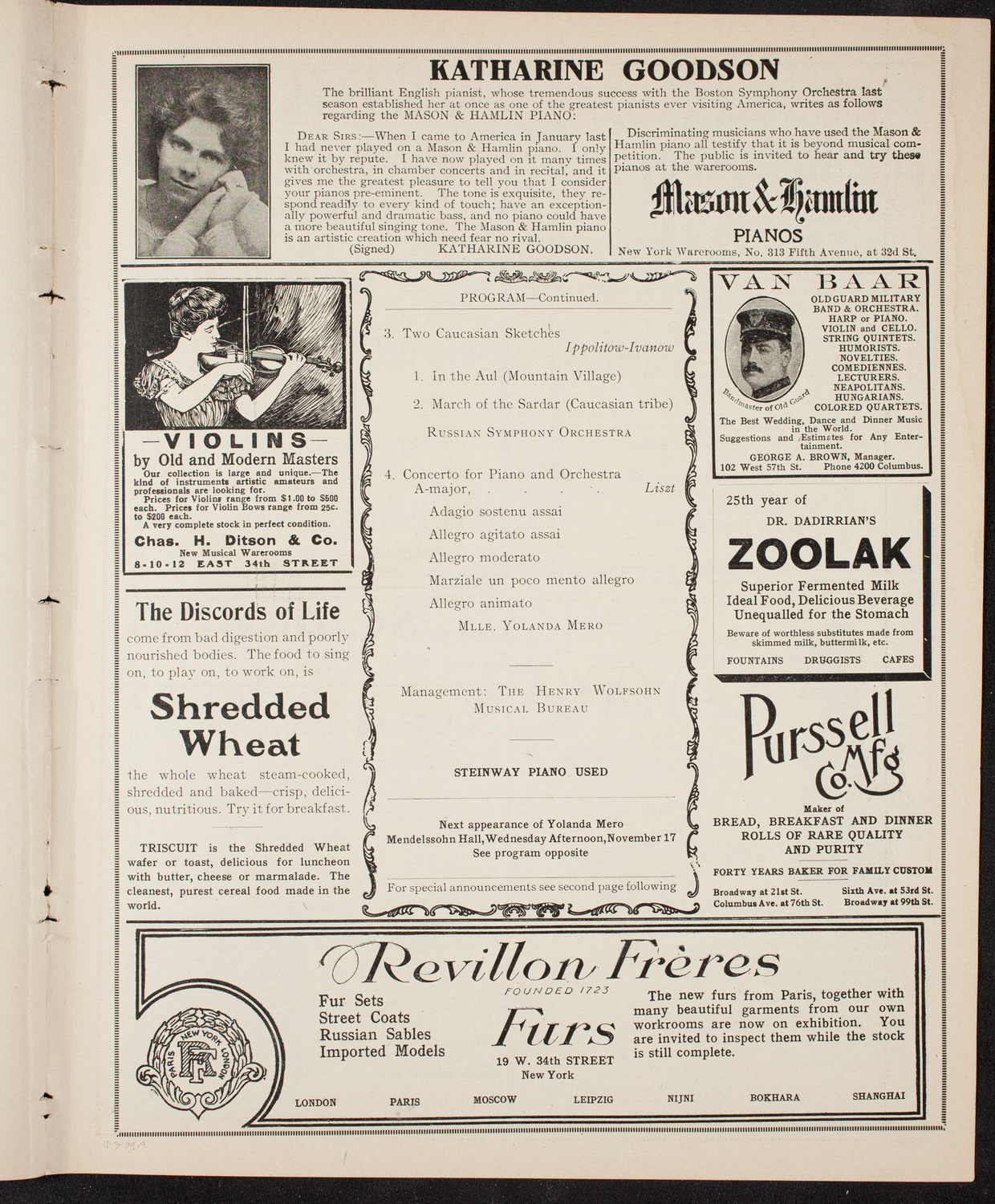 Yolanda Mero with the Russian Symphony Orchestra, November 3, 1909, program page 7