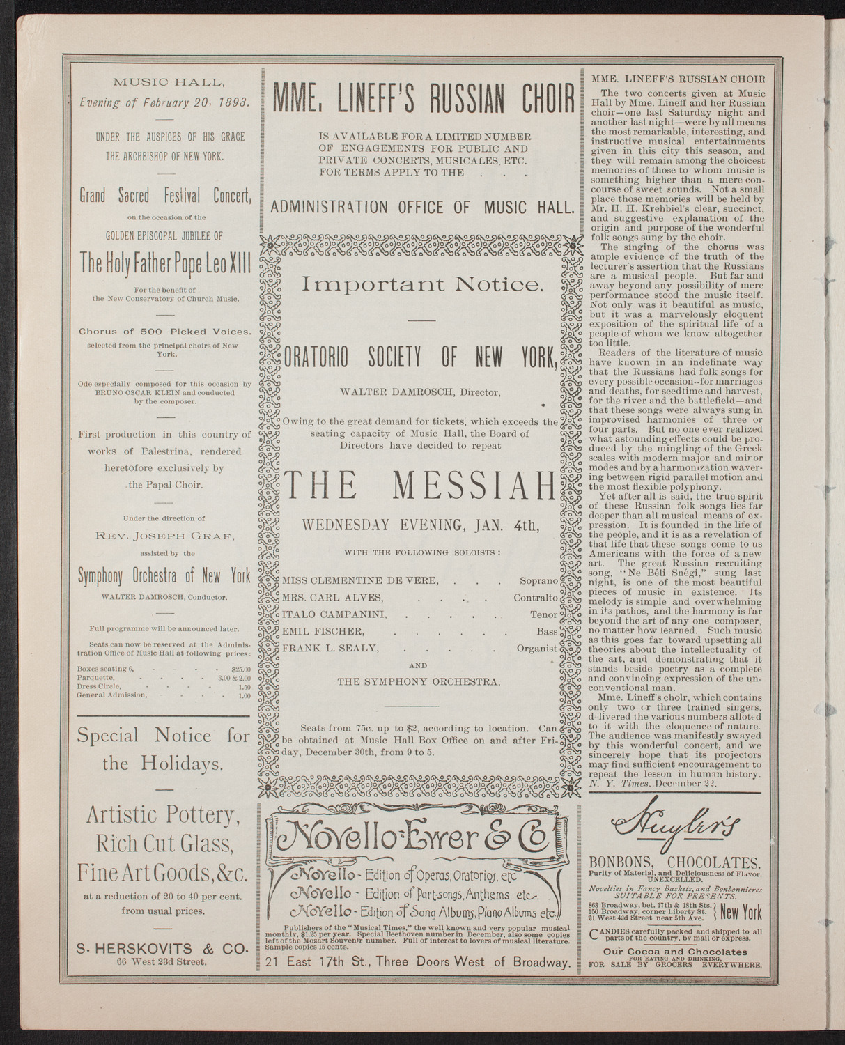 Oratorio Society of New York, December 30, 1892, program page 6