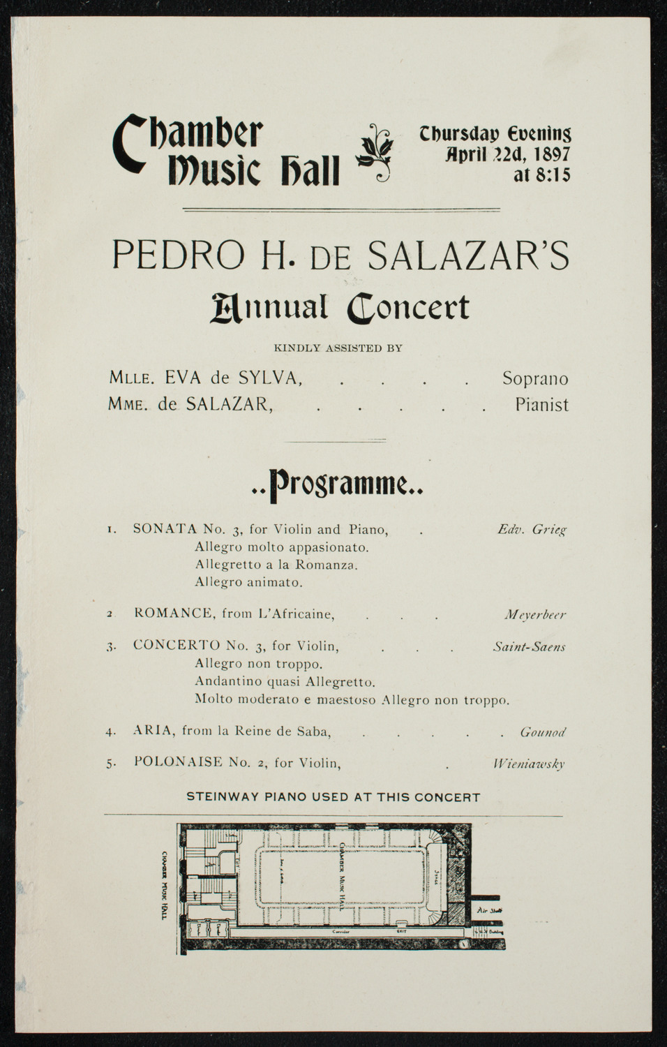 Pedro H. de Salazar's Annual Concert, April 22, 1897, program page 1