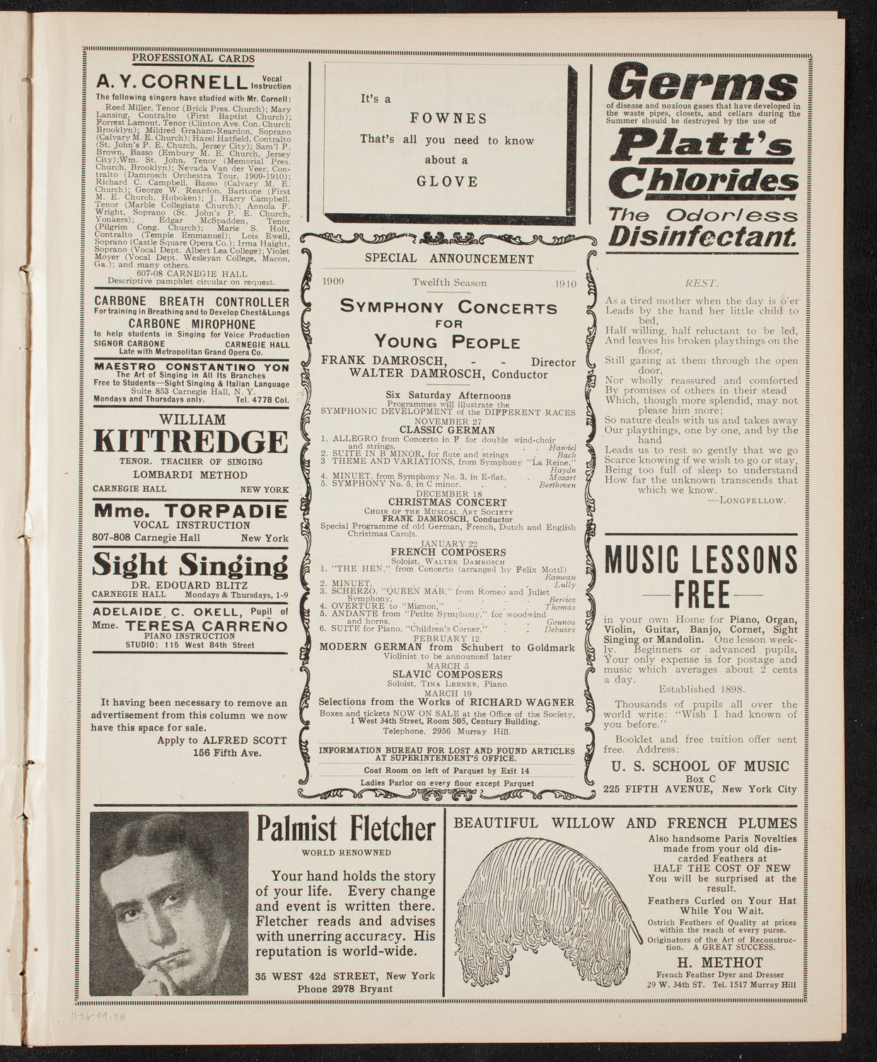New York Philharmonic, November 26, 1909, program page 9