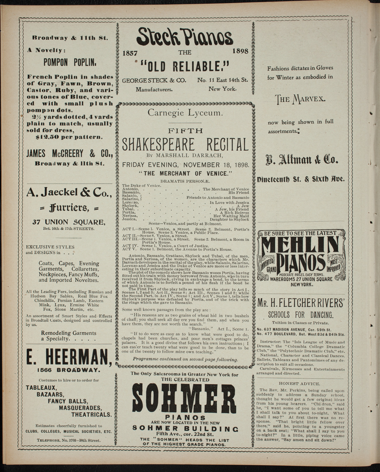 Shakespeare Recital by Marshall Darrach, November 18, 1898, program page 4