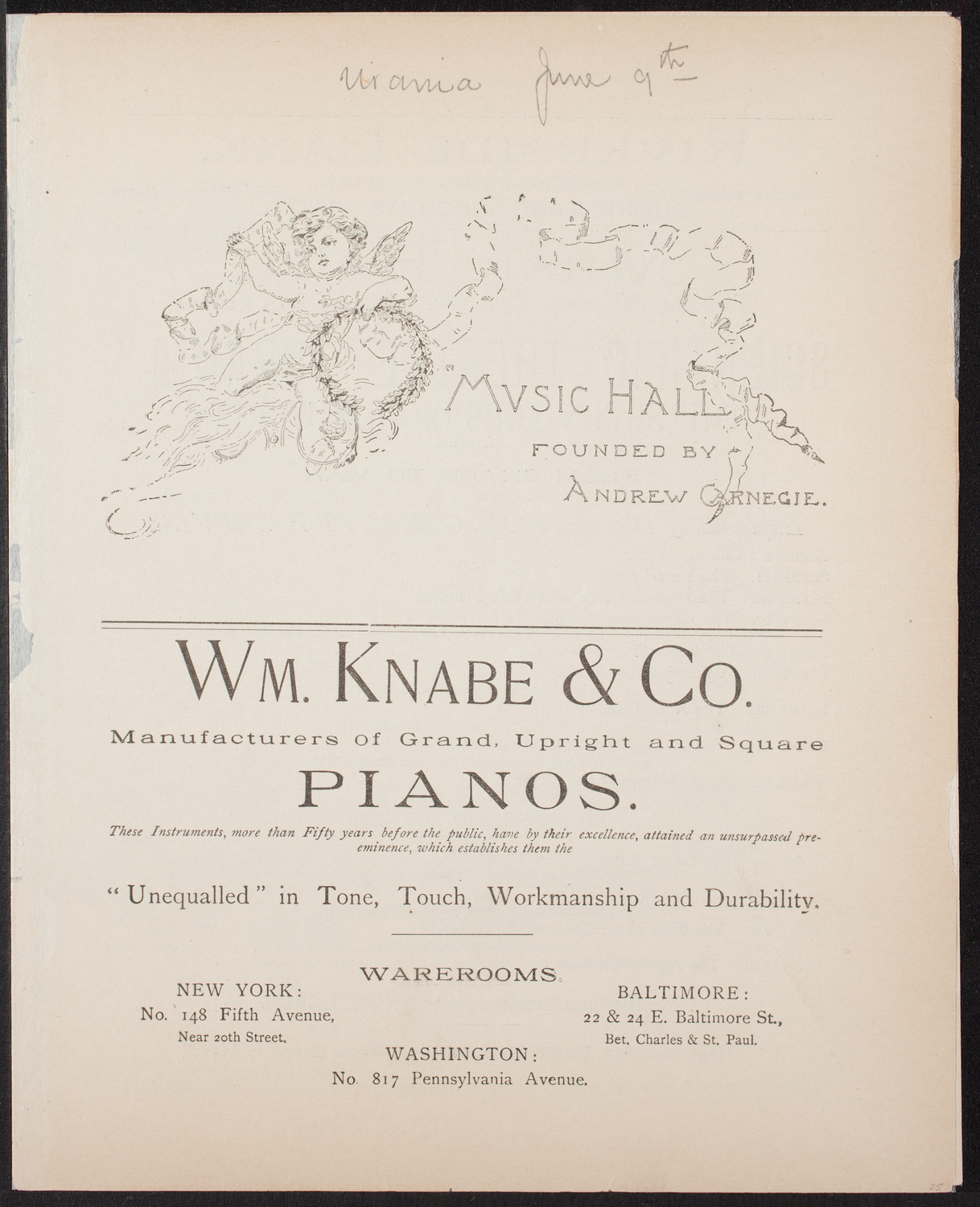 Urania Scientific Theatre, June 9, 1892, program page 1