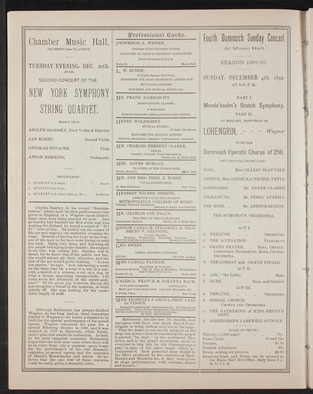 Damrosch Sunday Concert, November 27, 1892, program page 2