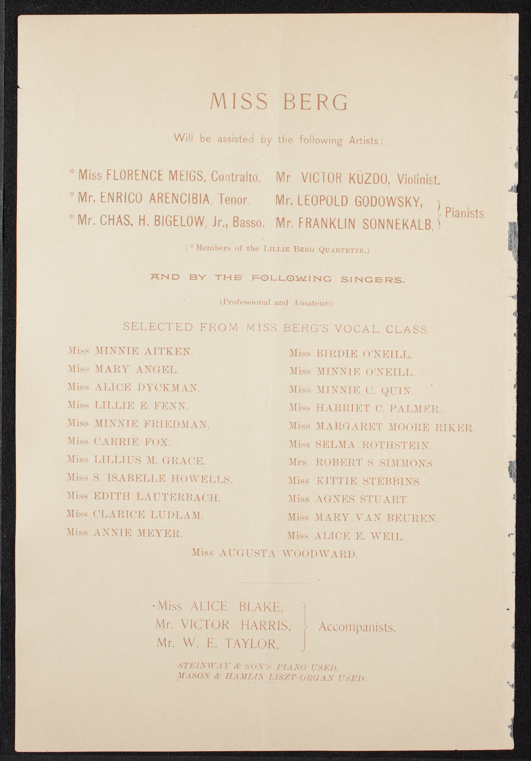 Lillie P. Berg, April 27, 1891, program page 2