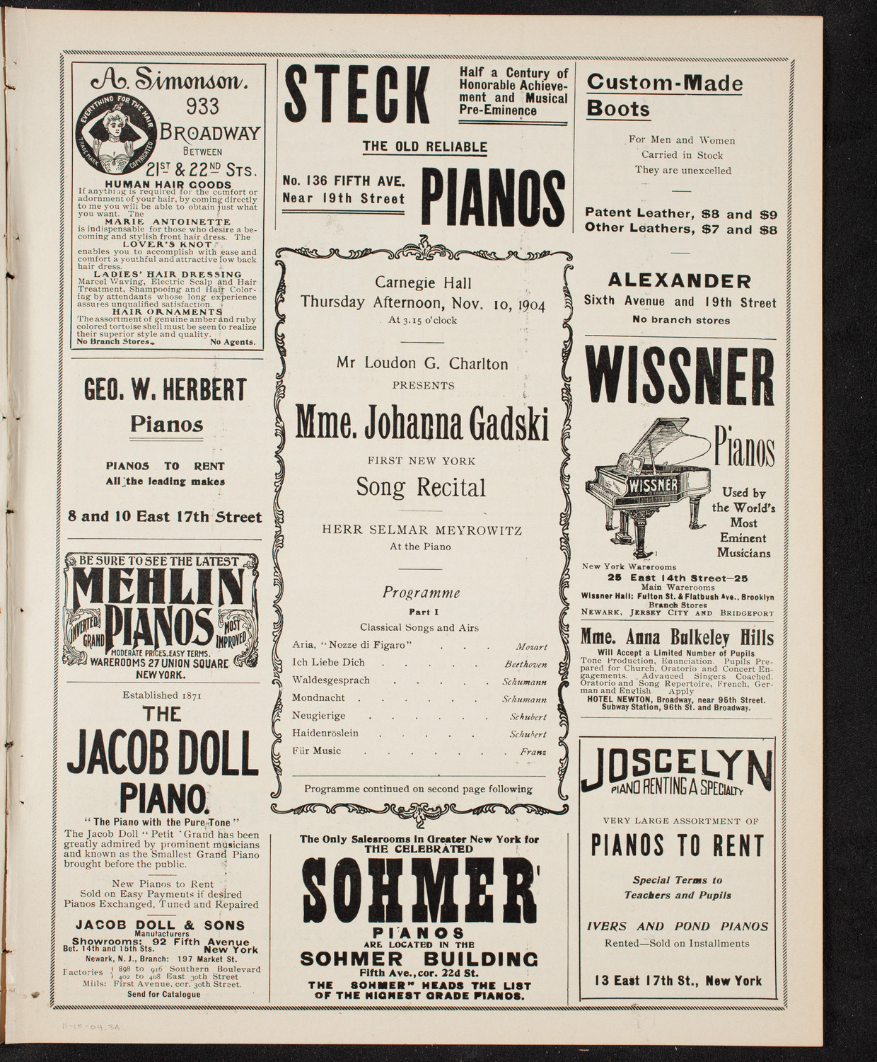 Johanna Gadski, Soprano, November 10, 1904, program page 5