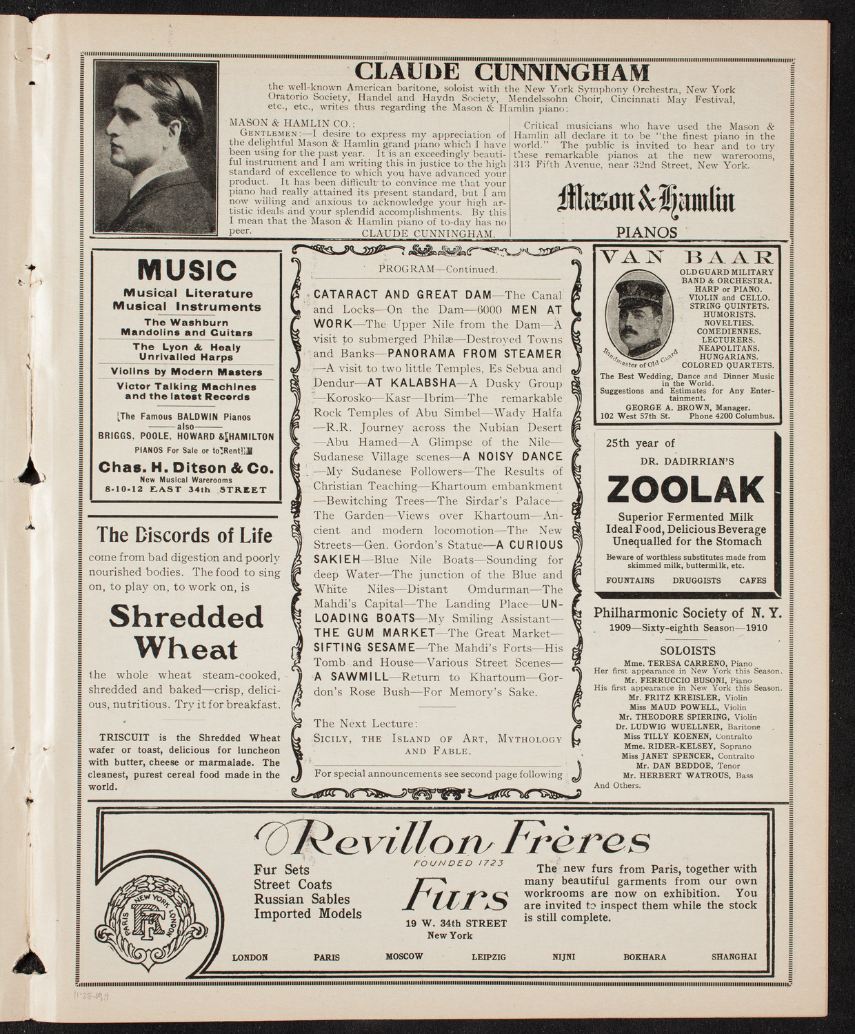 Elmendorf Lecture: At the Gates of the East, November 28, 1909, program page 7