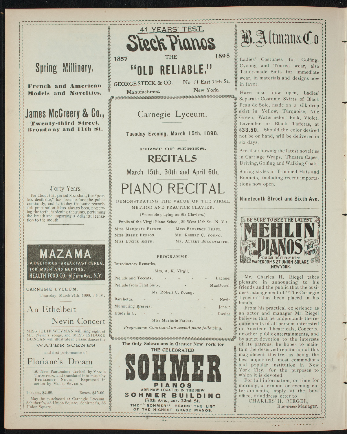 Virgil Piano School Student Recital, March 15, 1898, program page 4