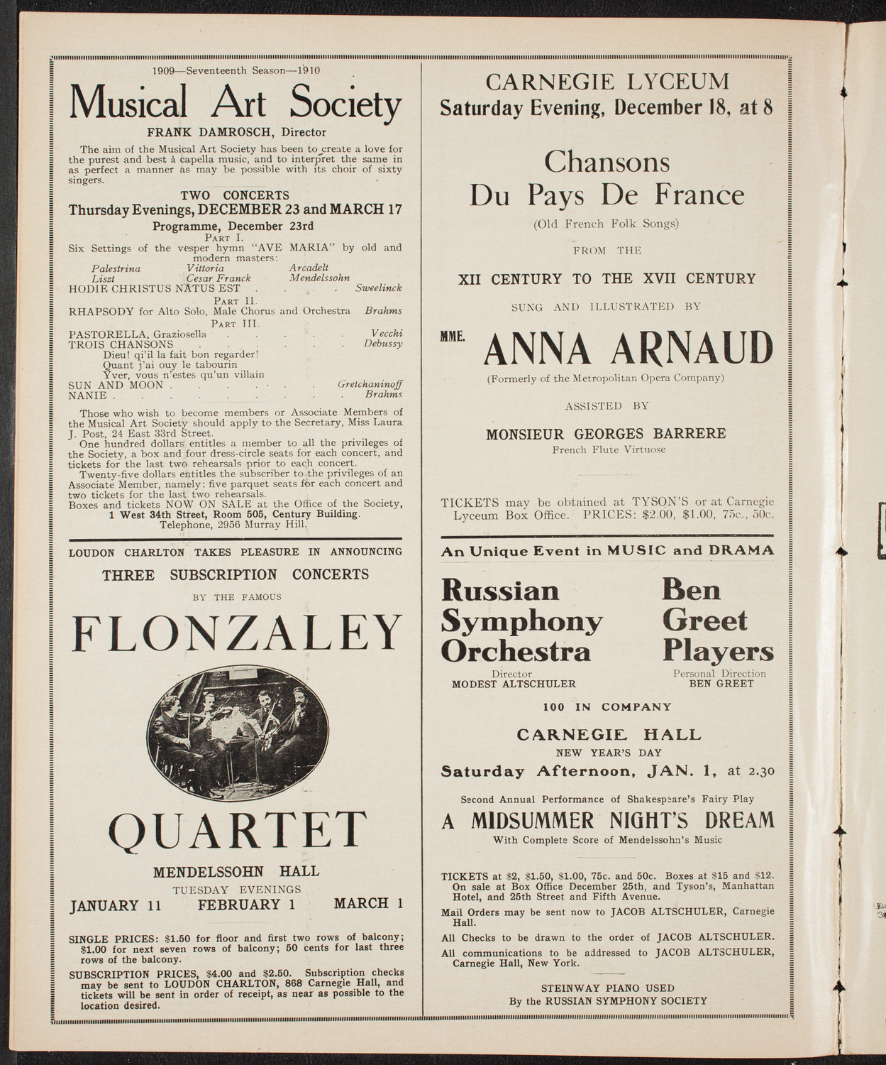 New York Philharmonic, December 16, 1909, program page 10