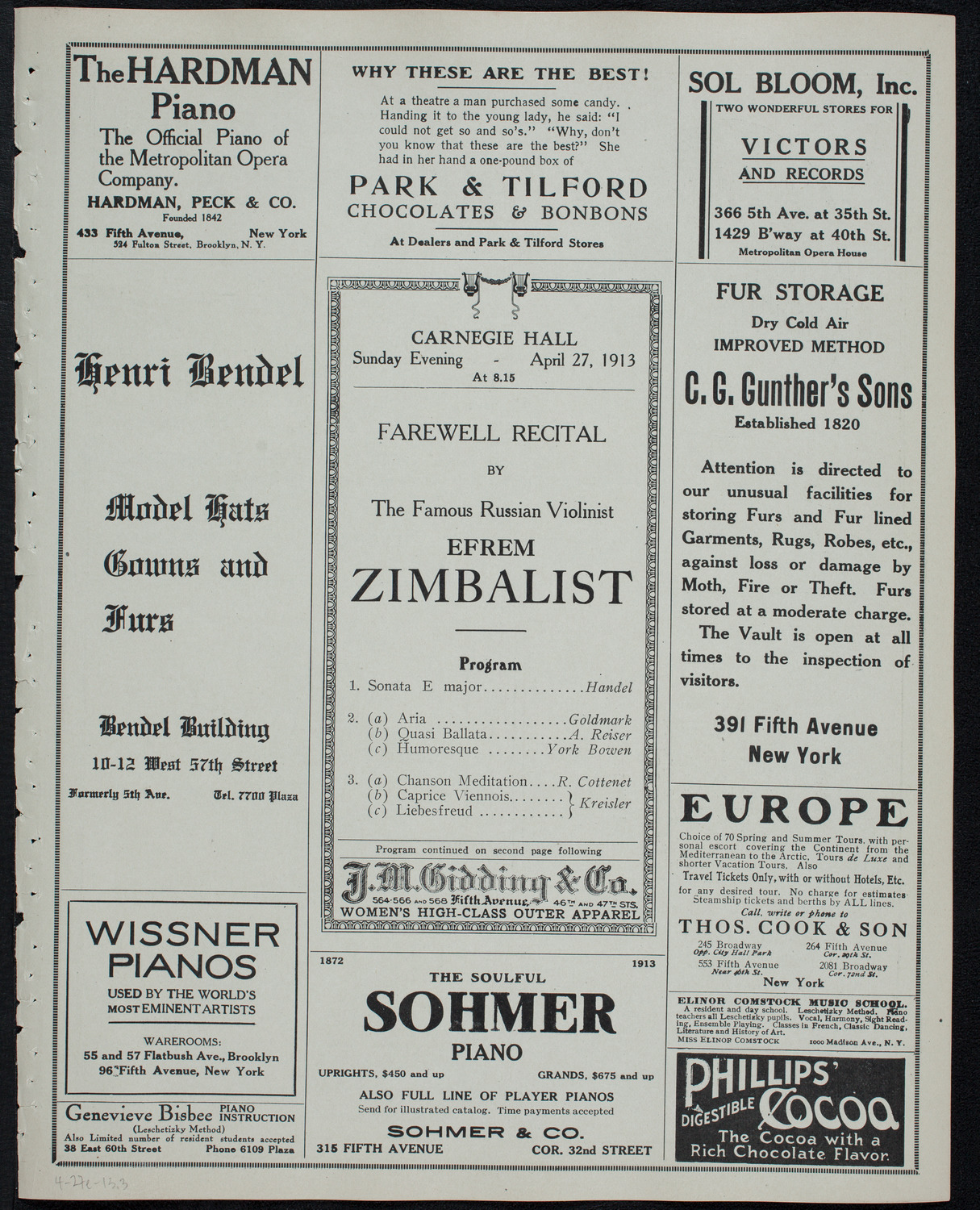 Efrem Zimbalist, Violin, April 27, 1913, program page 5