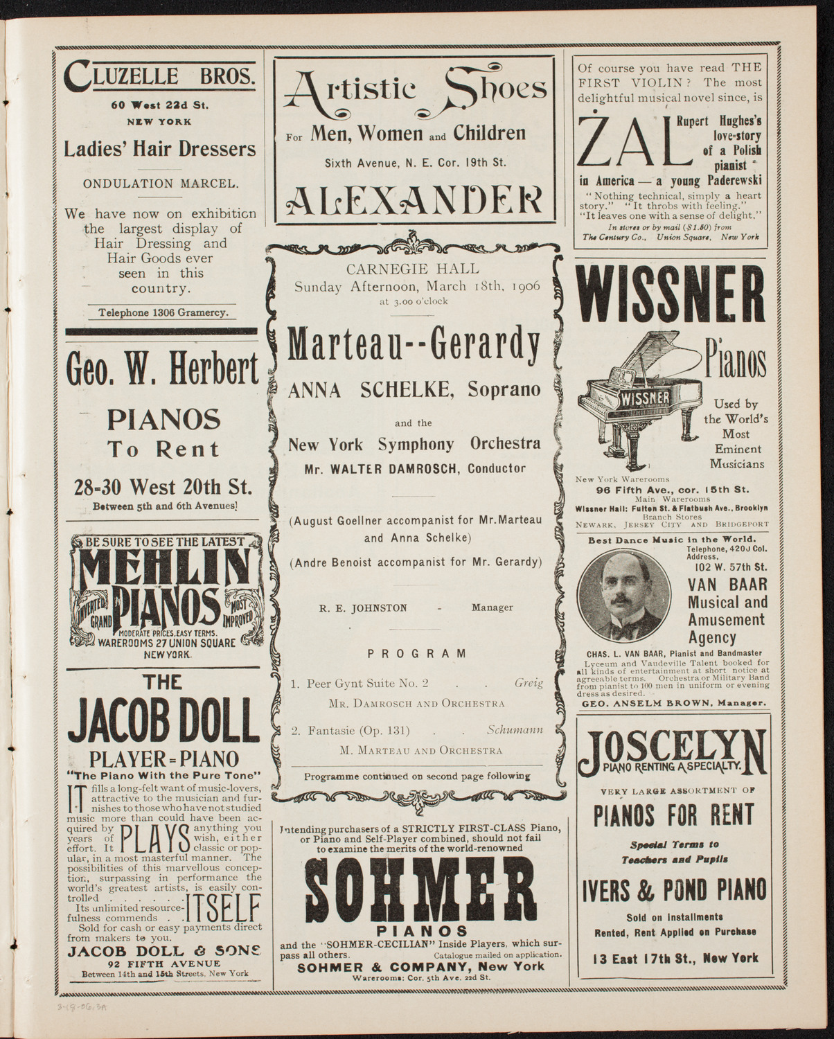 Henri Marteau, Jean Gerardy, and Anna Schelke with New York Symphony Orchestra, March 18, 1906, program page 5