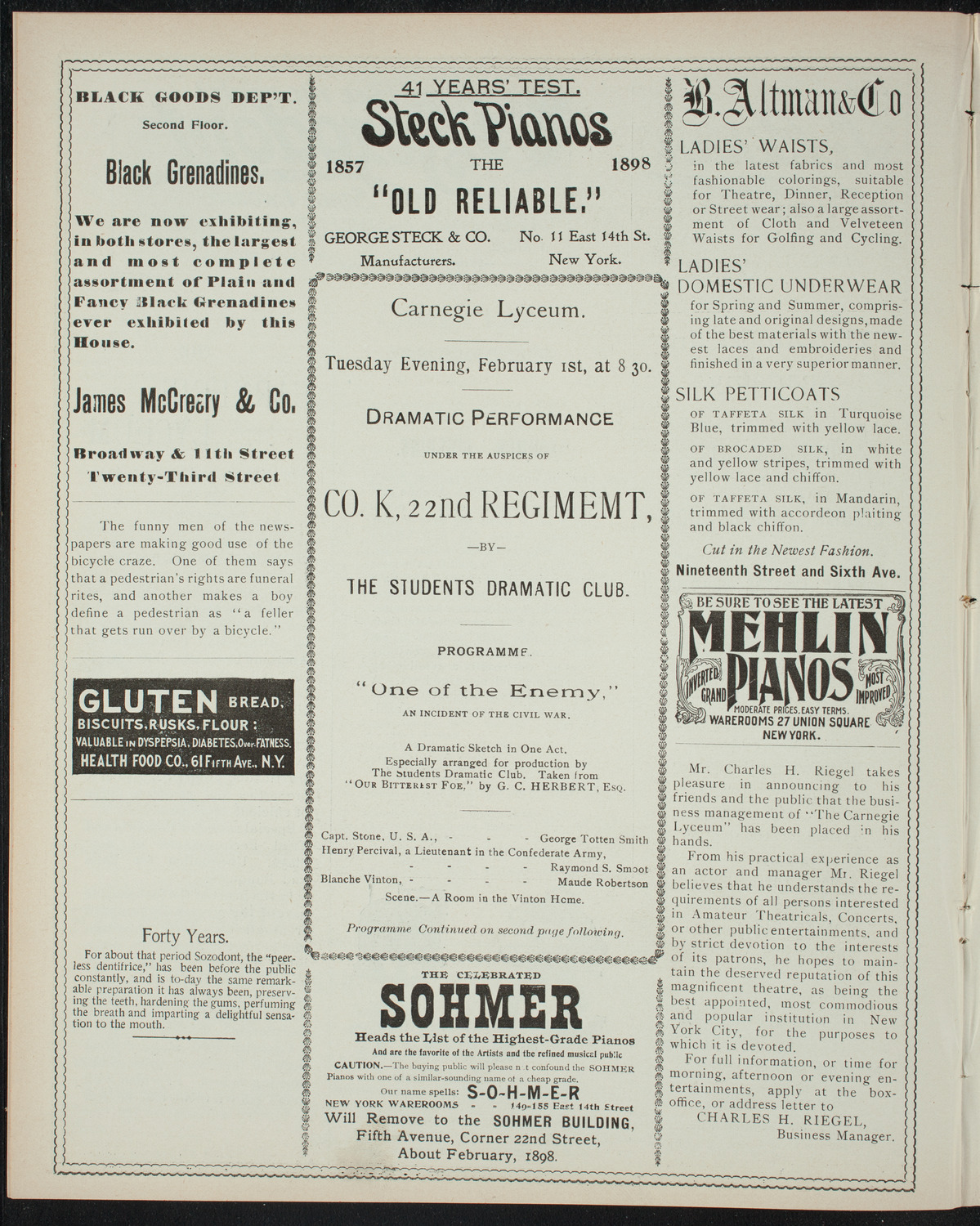 Students Dramatic Club, February 1, 1898, program page 4