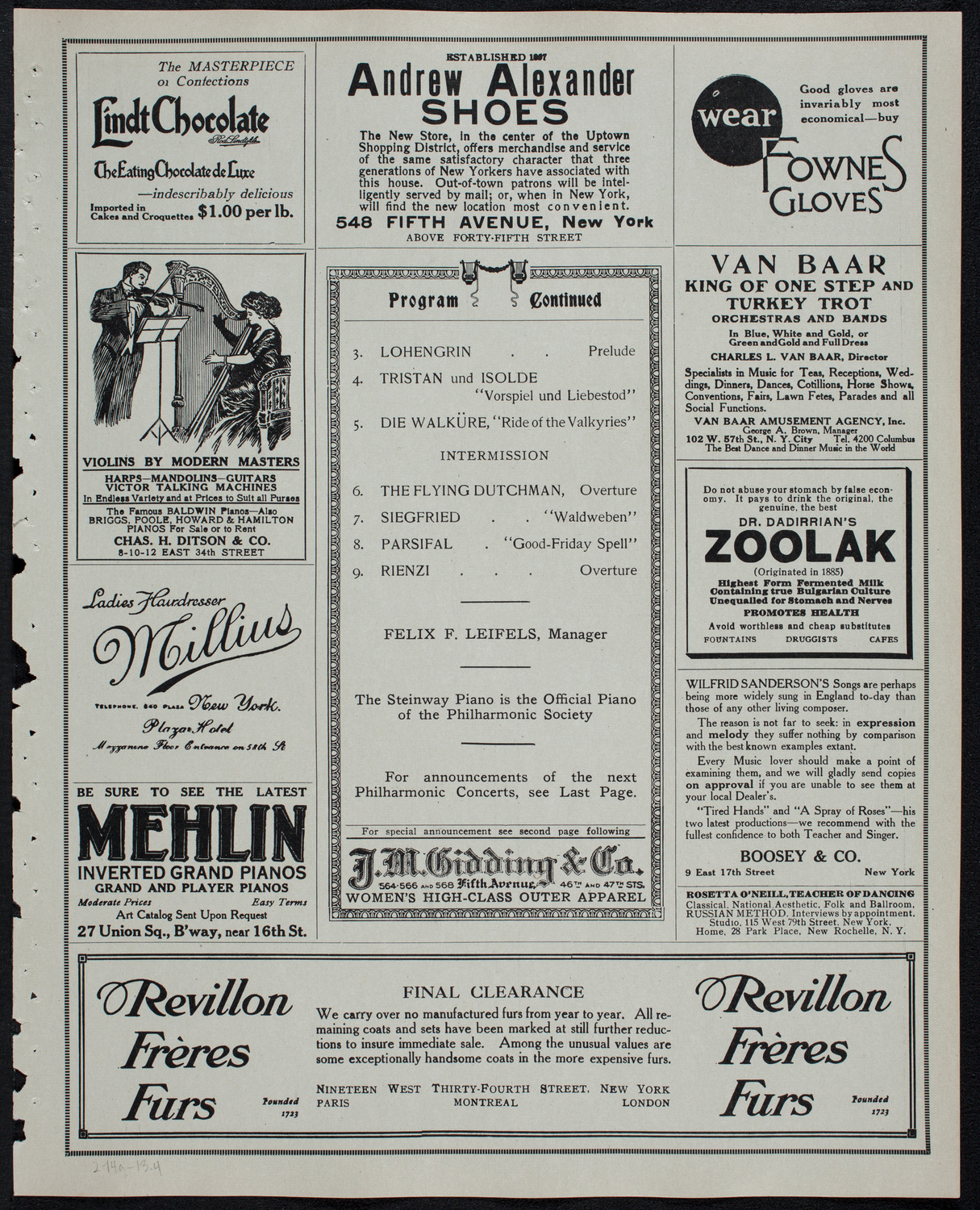 New York Philharmonic, February 14, 1913, program page 7