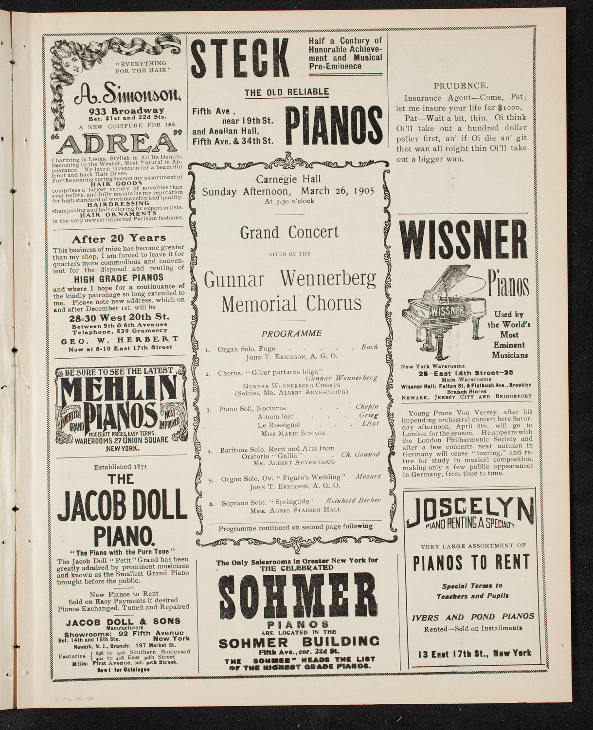Gunnar Wennerberg Memorial Chorus, March 26, 1905, program page 5