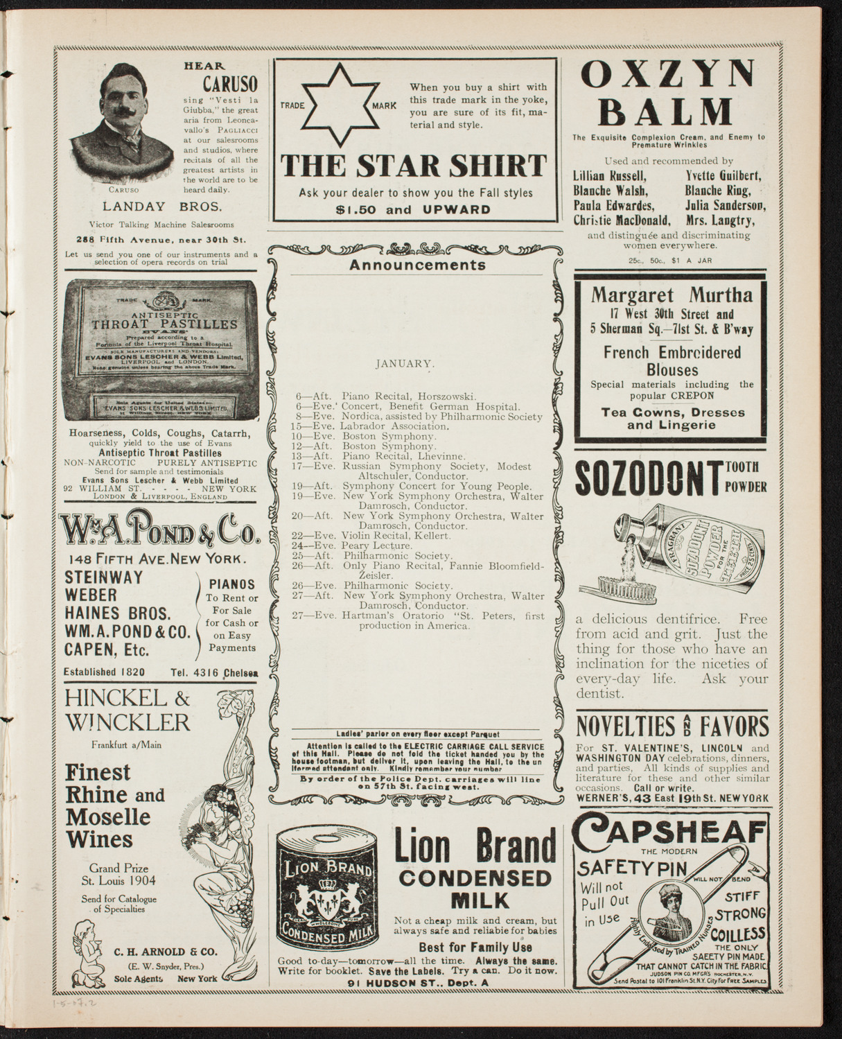 New York Philharmonic, January 5, 1907, program page 3