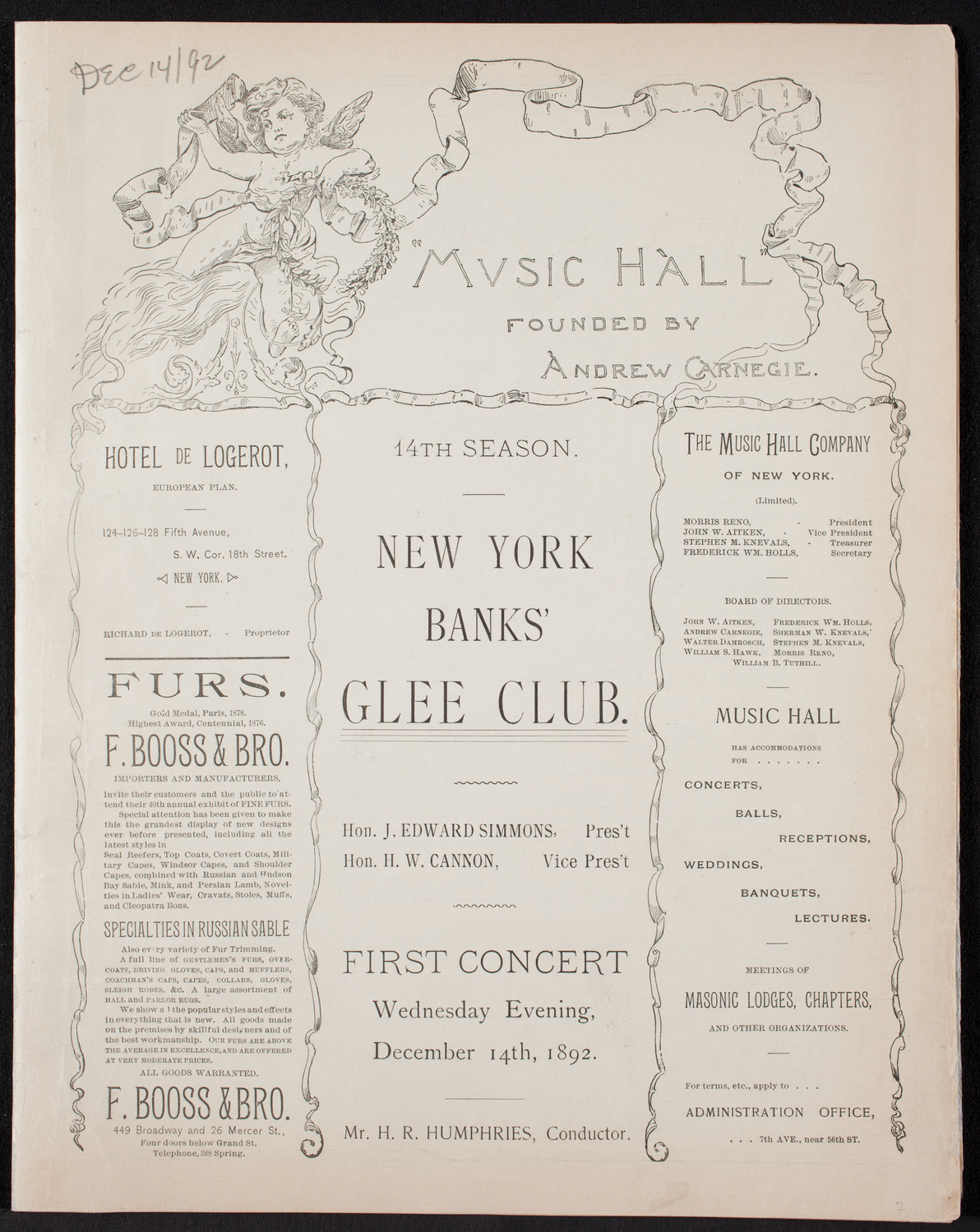 New York Banks' Glee Club, December 14, 1892, program page 1