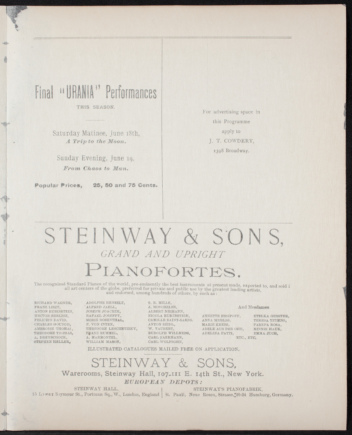 Urania Scientific Theatre, June 15, 1892, program page 3