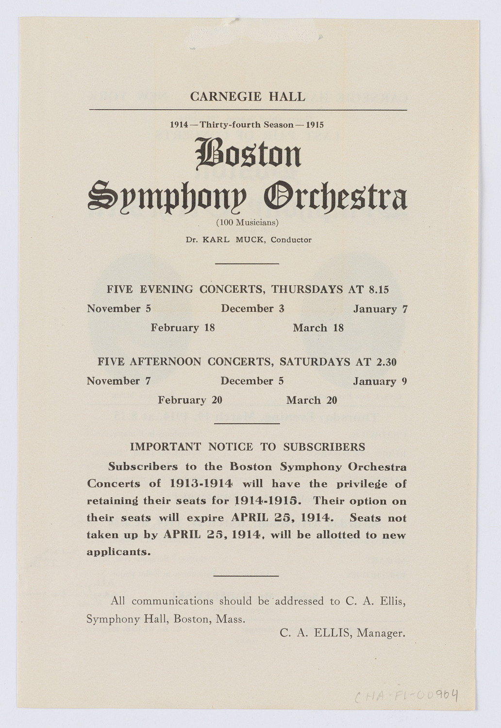 Boston Symphony Orchestra, March 1914