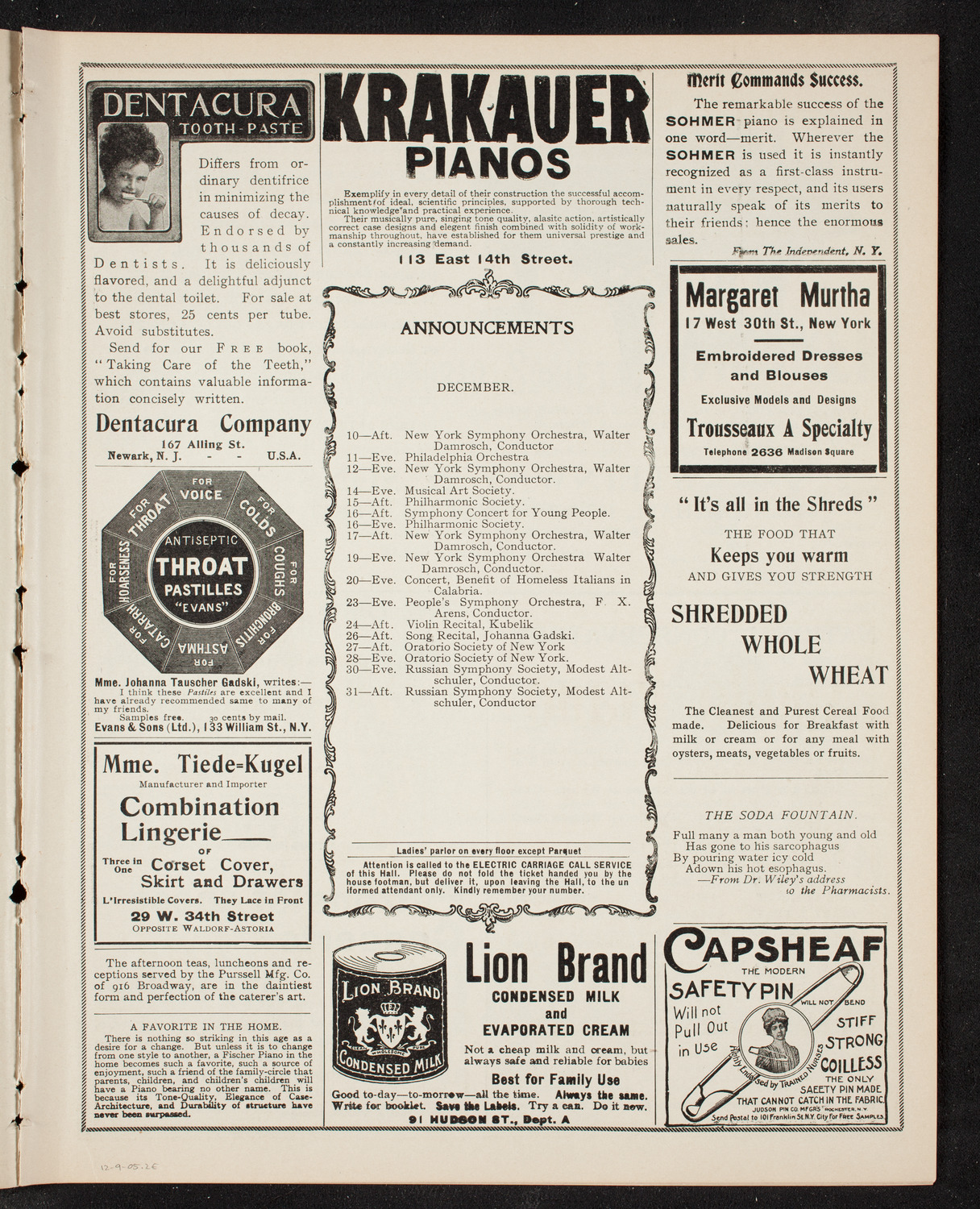 Oratorio Society of New York, December 9, 1905, program page 3