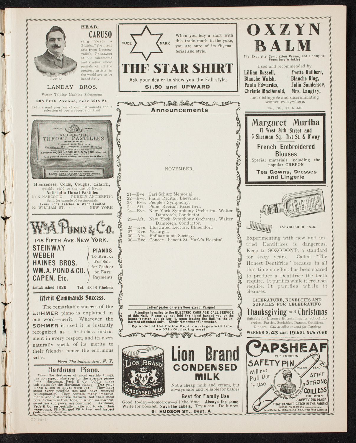 Marcella Sembrich, Soprano, November 20, 1906, program page 3