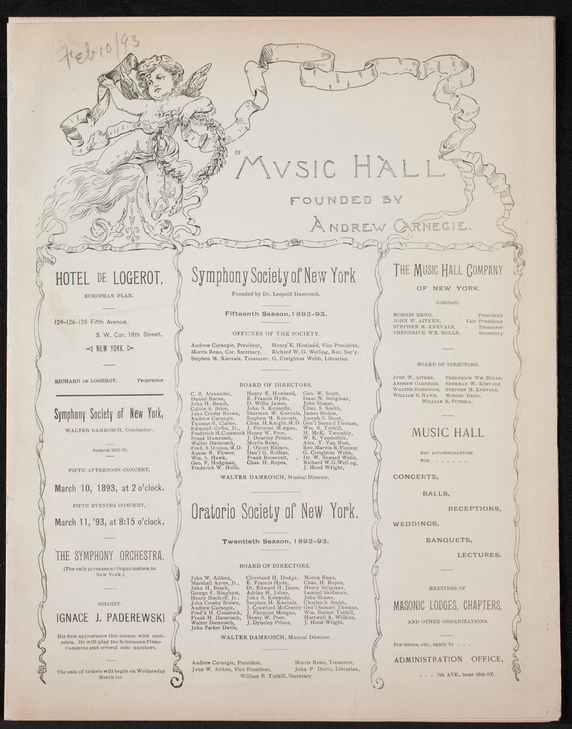 New York Philharmonic, February 10, 1893, program page 1