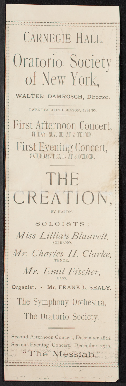 Oratorio Society of New York, November 30, 1894, program page 1