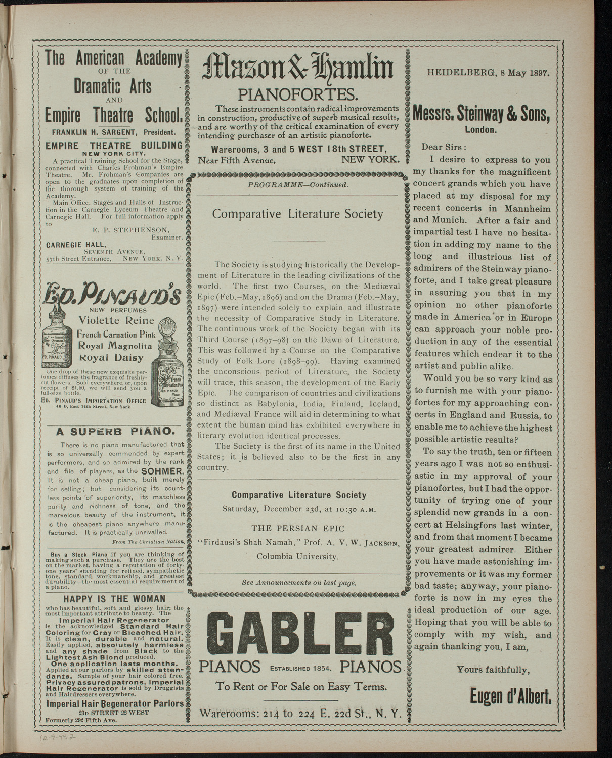 Comparative Literature Society, December 9, 1899, program page 3