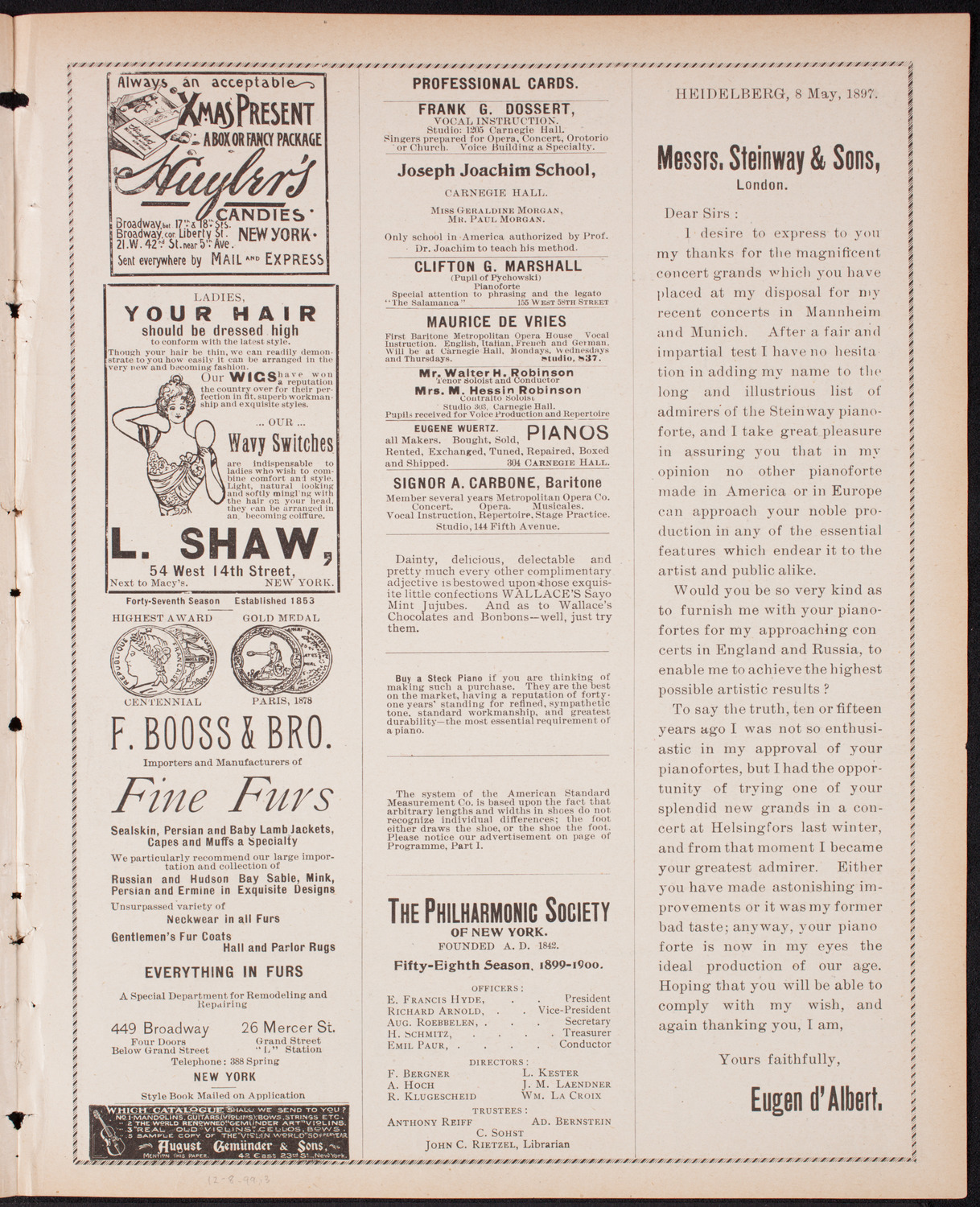 New York Premiere, December 8, 1899, program page 5