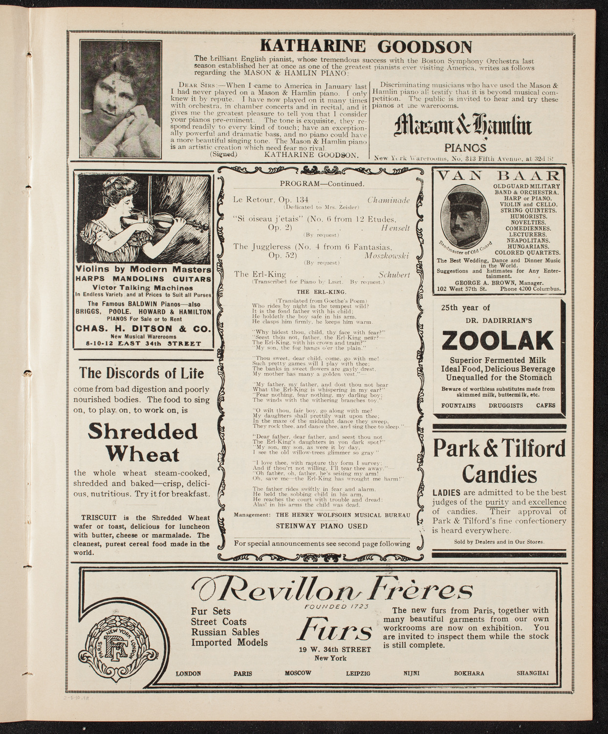 Fannie Bloomfield Zeisler, Piano, February 5, 1910, program page 7