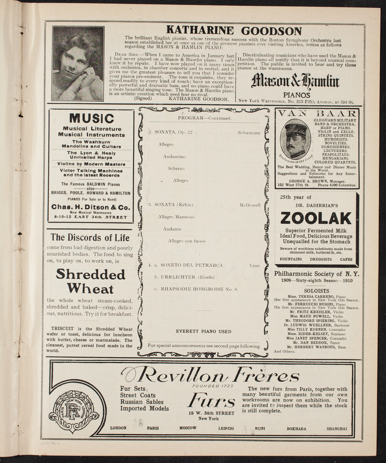 Teresa Carreño, Piano, December 4, 1909, program page 7